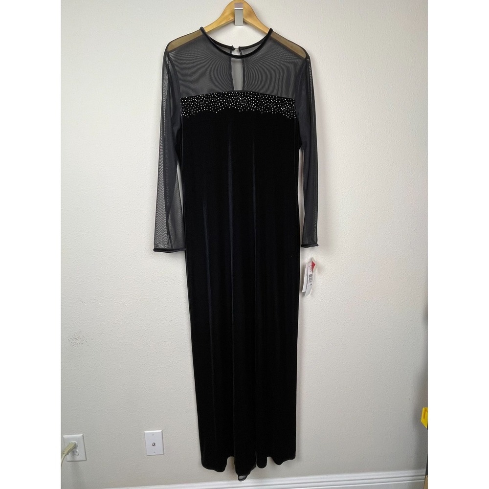 Vintage Jessica Howard Velvet Beaded Mesh Sleeve Maxi Dress Goth Formal 16